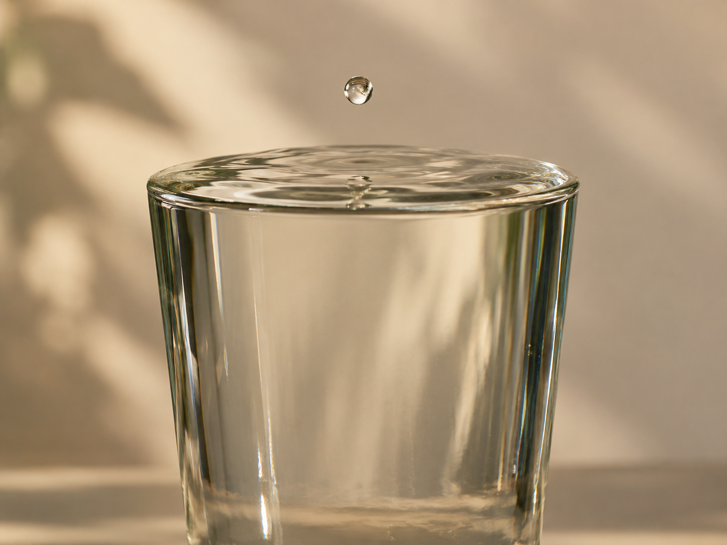 A completely full glass with one suspended drop about to make it overflow